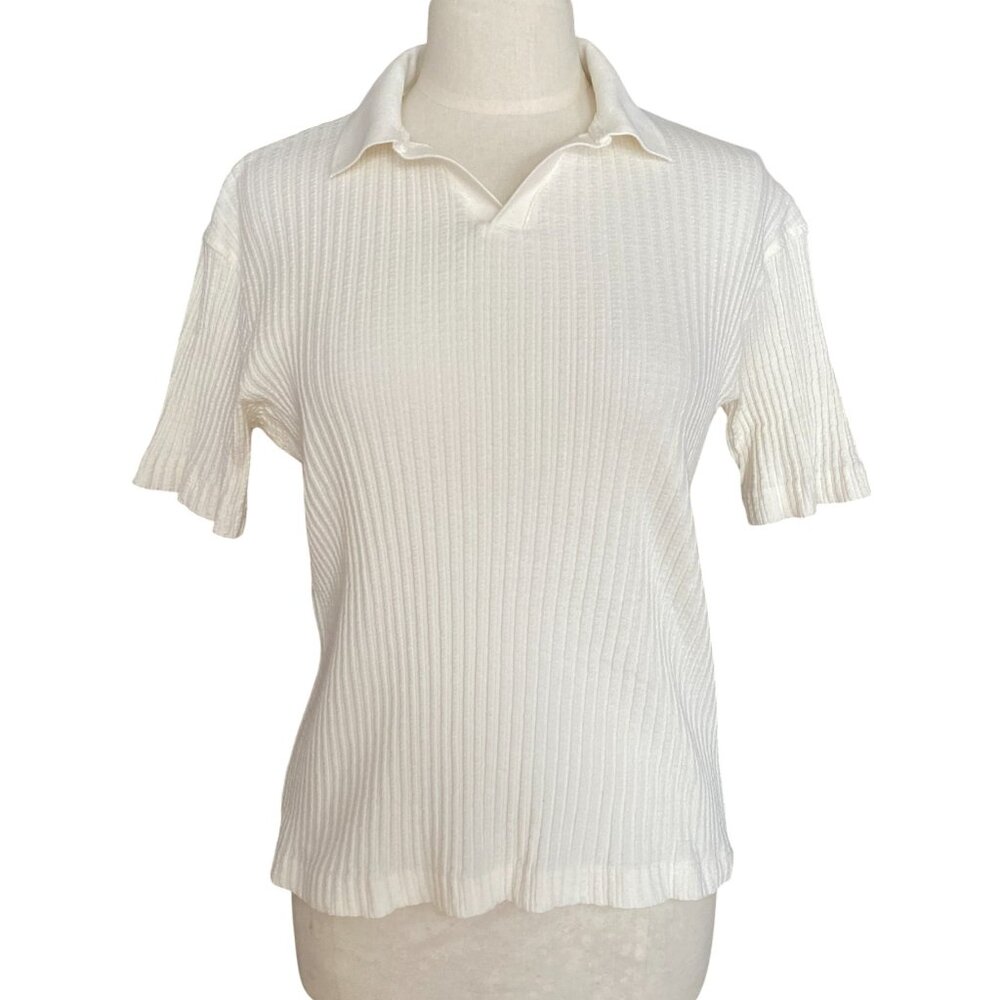 Zara Ribbed Knit Polo Shirt Ivory Short Sleeve Blogger Fave Preppy Minimalist-S